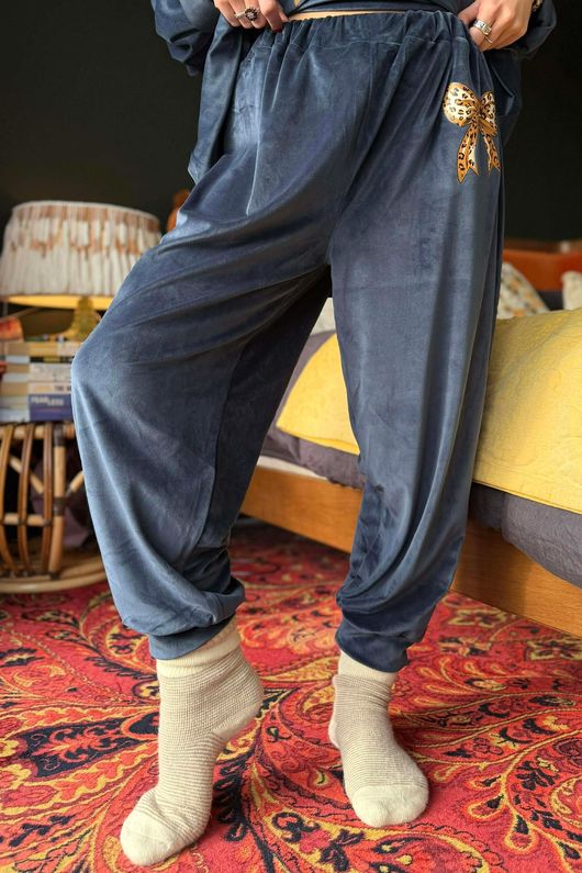 Binky Bow Soft Stretch Velour Lounge Suit Prussian Navy